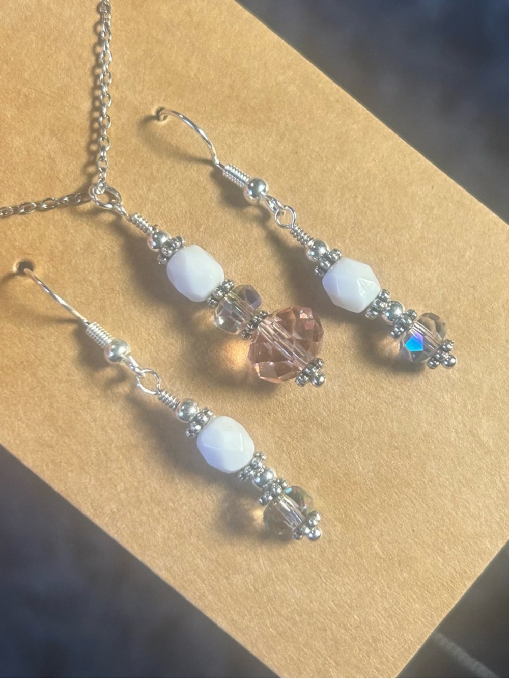 Handcrafted milk glass aurora borealis crystal necklace and earring set